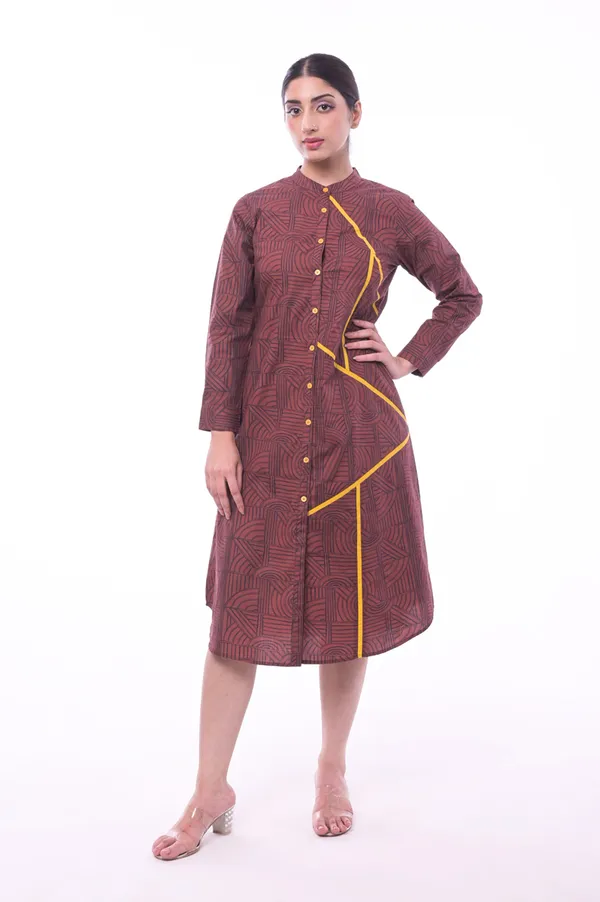 Brown_Poplin_Cotton_Coller_Neck_3/4th_Sleeve_Dress_for_Women