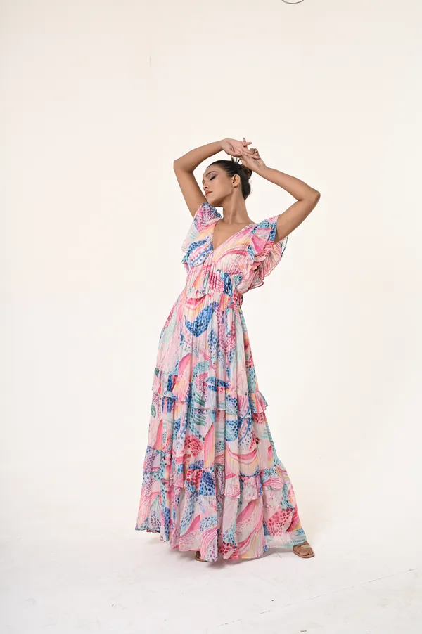 Multicolor_Viscose_&_Lurex_V_Neck_Short_Ruffled_Sleeves_Dress_For_Women