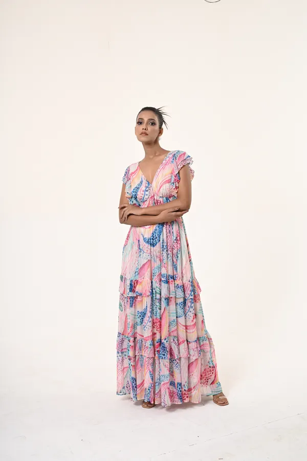 Multicolor_Viscose_&_Lurex_V_Neck_Short_Ruffled_Sleeves_Dress_For_Women