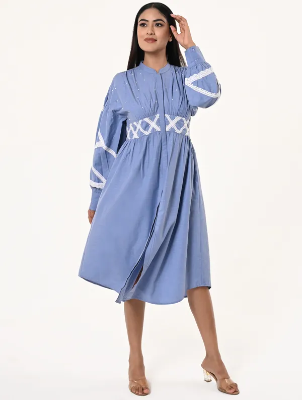 Sky_Blue_Chambray_Mandarin_Collar_Puff_Sleeves_Dress_For_Women