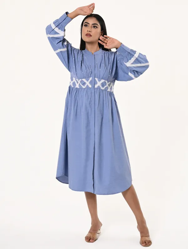 Sky_Blue_Chambray_Mandarin_Collar_Puff_Sleeves_Dress_For_Women
