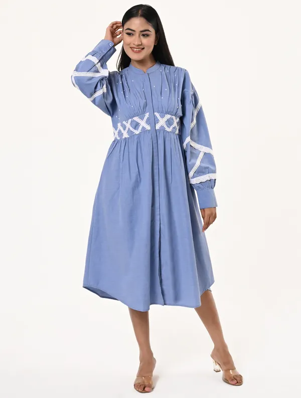 Sky_Blue_Chambray_Mandarin_Collar_Puff_Sleeves_Dress_For_Women