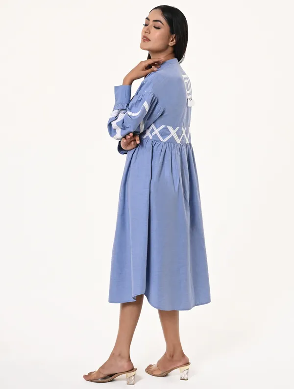 Sky_Blue_Chambray_Mandarin_Collar_Puff_Sleeves_Dress_For_Women