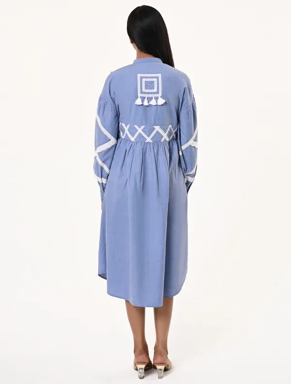 Sky_Blue_Chambray_Mandarin_Collar_Puff_Sleeves_Dress_For_Women