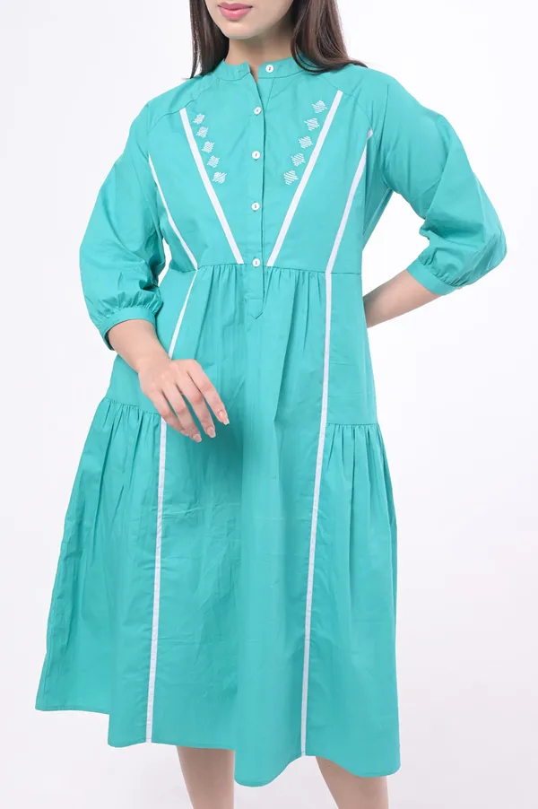 Turquoise_Poplin_Cotton_Coller_Neck_Half_Sleeve_Dress_for_Women