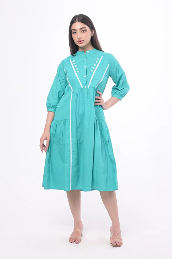 Turquoise_Poplin_Cotton_Coller_Neck_Half_Sleeve_Dress_for_Women