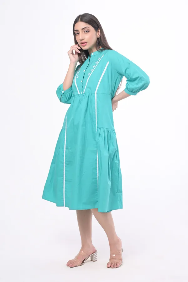 Turquoise_Poplin_Cotton_Coller_Neck_Half_Sleeve_Dress_for_Women