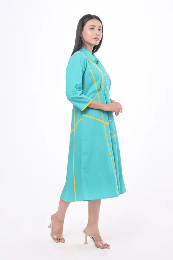 Turquoise_Poplin_Cotton_Coller_Neck_3/4th_Sleeve_Dress_for_Women