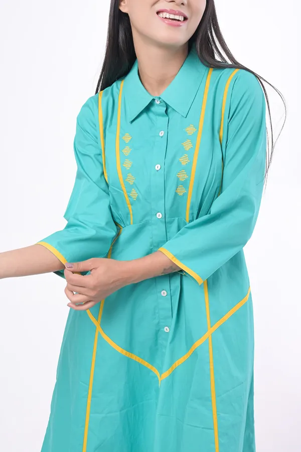 Turquoise_Poplin_Cotton_Coller_Neck_3/4th_Sleeve_Dress_for_Women