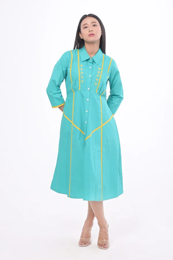 Turquoise_Poplin_Cotton_Coller_Neck_3/4th_Sleeve_Dress_for_Women
