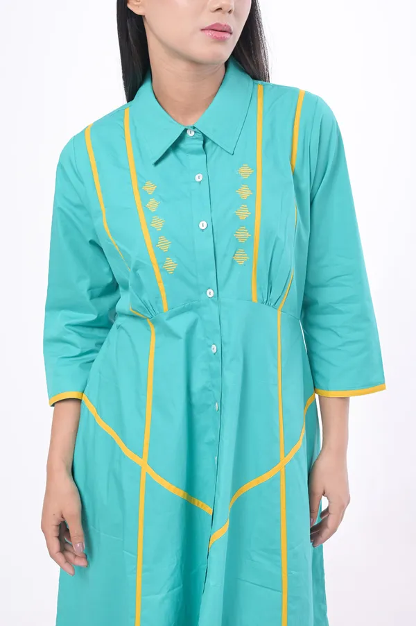 Turquoise_Poplin_Cotton_Coller_Neck_3/4th_Sleeve_Dress_for_Women