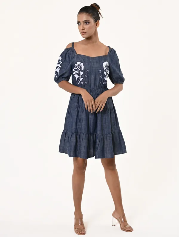 Blue_Tencel_Denim_Short_Puff_Sleeve_Dress_for_Women