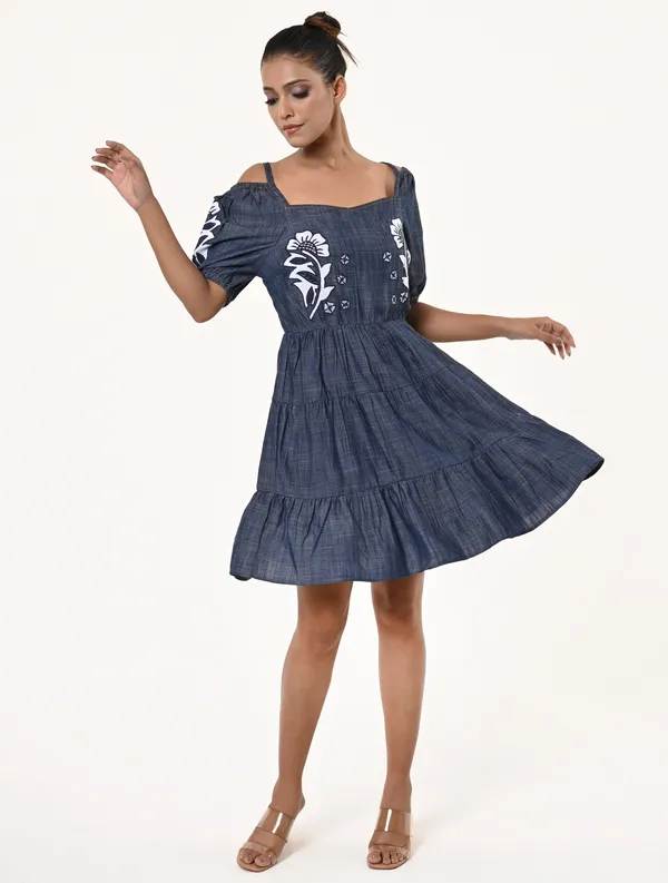 Blue_Tencel_Denim_Short_Puff_Sleeve_Dress_for_Women