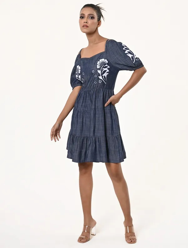 Blue_Tencel_Denim_Short_Puff_Sleeve_Dress_for_Women