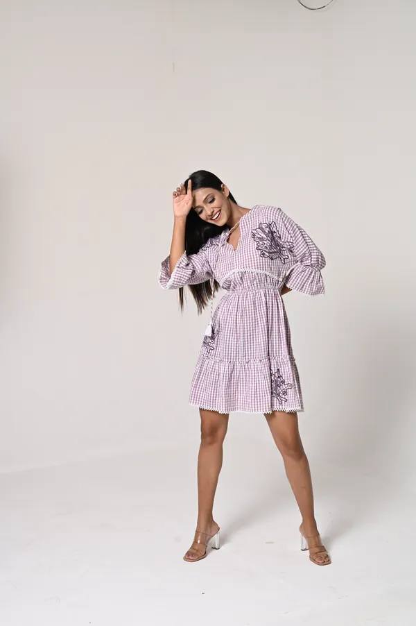 Purple_Cotton_V_Neck_3/4th_Sleeve_Dress_for_Women