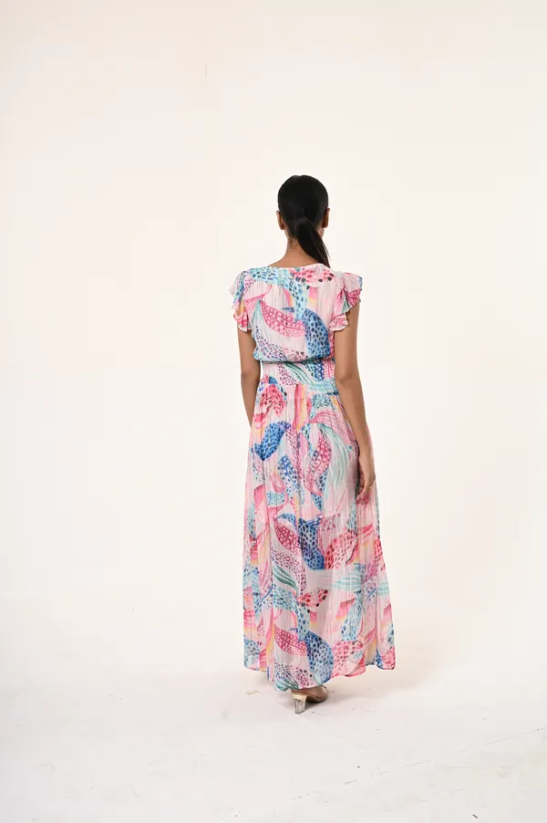 Multicolor_Viscose_&_Lurex_V_Neck_Short_Ruffled_Sleeves_Dress_For_Women