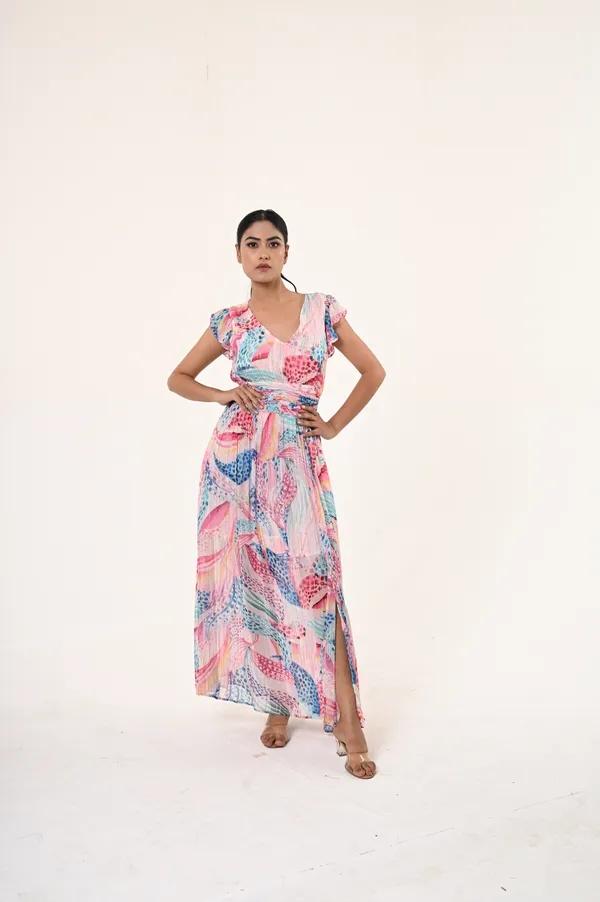 Multicolor_Viscose_&_Lurex_V_Neck_Short_Ruffled_Sleeves_Dress_For_Women