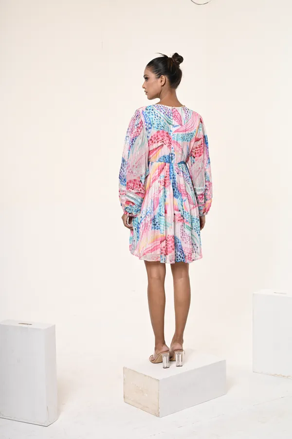 Multicolor_Viscose_&_Lurex_V_Neck_Puff_Sleeves_Dress_For_Women