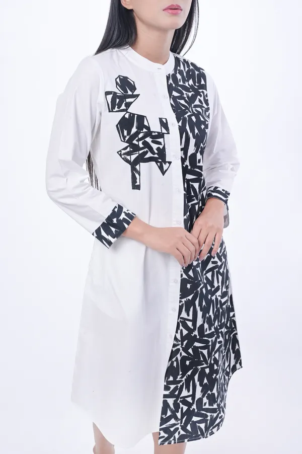 White_Poplin_Cotton_Coller_Neck_3/4th_Sleeve_Dress_for_Women