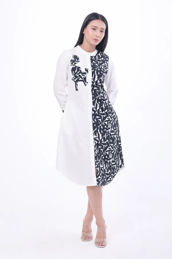 White_Poplin_Cotton_Coller_Neck_3/4th_Sleeve_Dress_for_Women