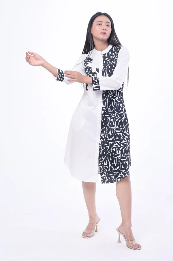 White_Poplin_Cotton_Coller_Neck_3/4th_Sleeve_Dress_for_Women