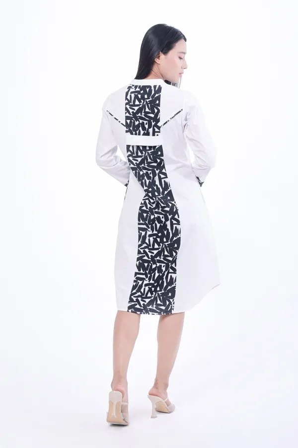 White_Poplin_Cotton_Coller_Neck_3/4th_Sleeve_Dress_for_Women