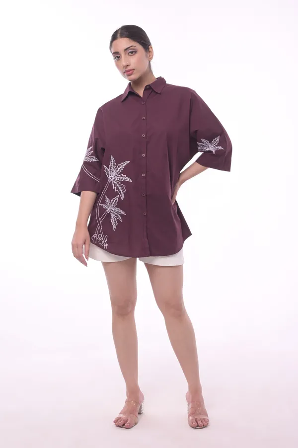 Wine_Poplin_Cotton_Coller_Neck_Half_Sleeve_Shirt_for_Women