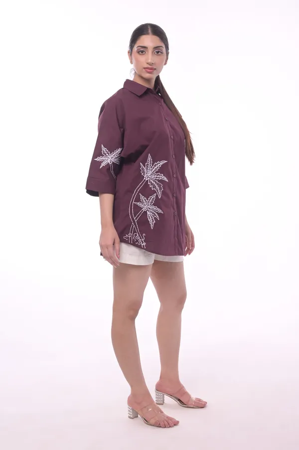 Wine_Poplin_Cotton_Coller_Neck_Half_Sleeve_Shirt_for_Women