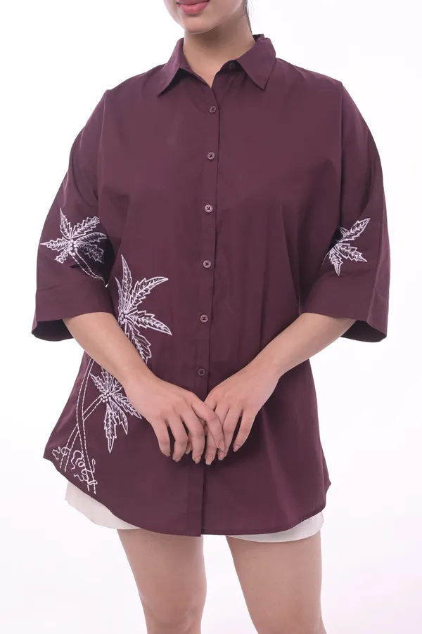 Wine_Poplin_Cotton_Coller_Neck_Half_Sleeve_Shirt_for_Women