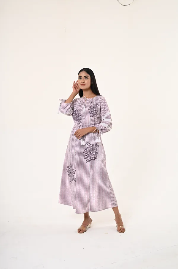 Purple_Cotton_Round_Neck_3/4th_Sleeve_Dress_for_Women