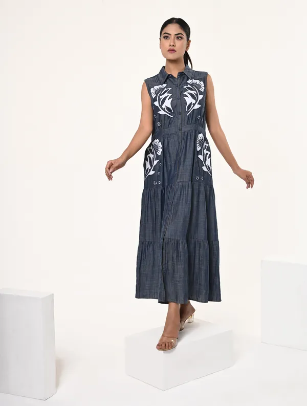 Blue_Tencel_Denim_Coller_Neck_Sleeveless_Dress_for_Women