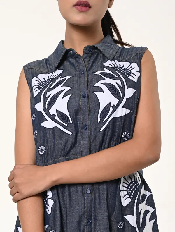 Blue_Tencel_Denim_Coller_Neck_Sleeveless_Dress_for_Women