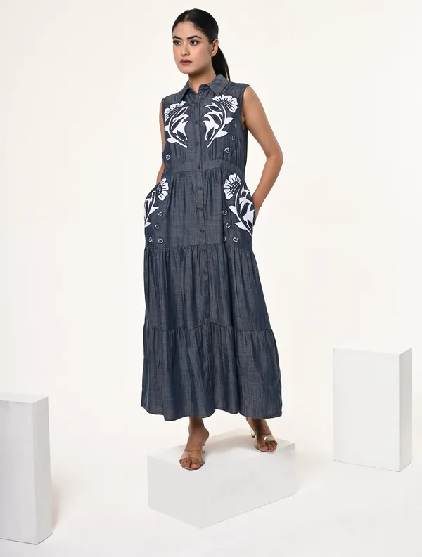 Blue_Tencel_Denim_Coller_Neck_Sleeveless_Dress_for_Women