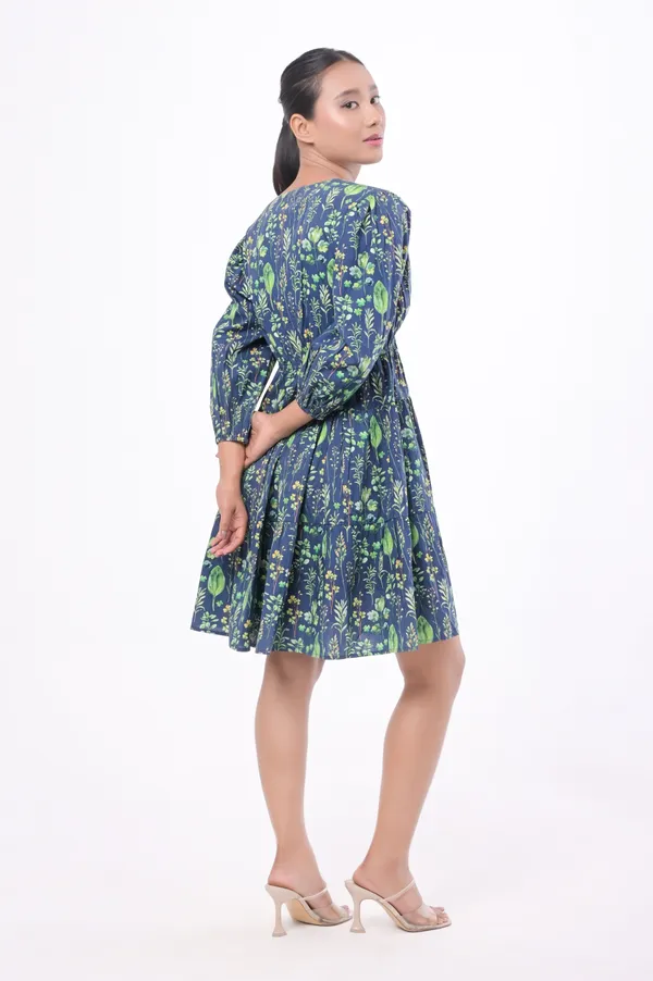 Multicolor_Poplin_Cotton_V_Neck_3/4th_Sleeve_Dress_for_Women