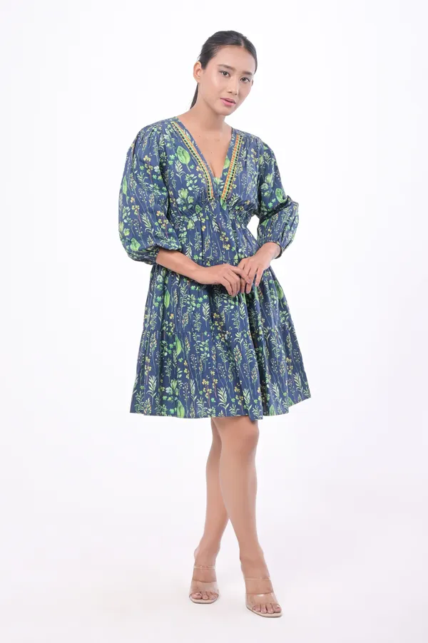 Multicolor_Poplin_Cotton_V_Neck_3/4th_Sleeve_Dress_for_Women