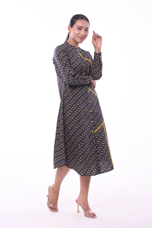 Charcoal_Poplin_Cotton_Coller_Neck_3/4th_Sleeve_Dress_for_Women