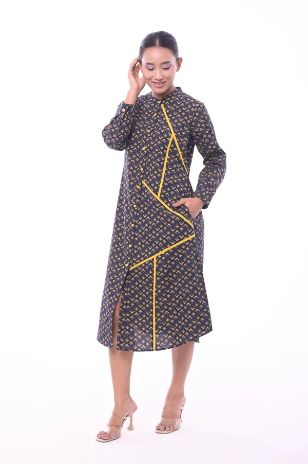 Charcoal_Poplin_Cotton_Coller_Neck_3/4th_Sleeve_Dress_for_Women