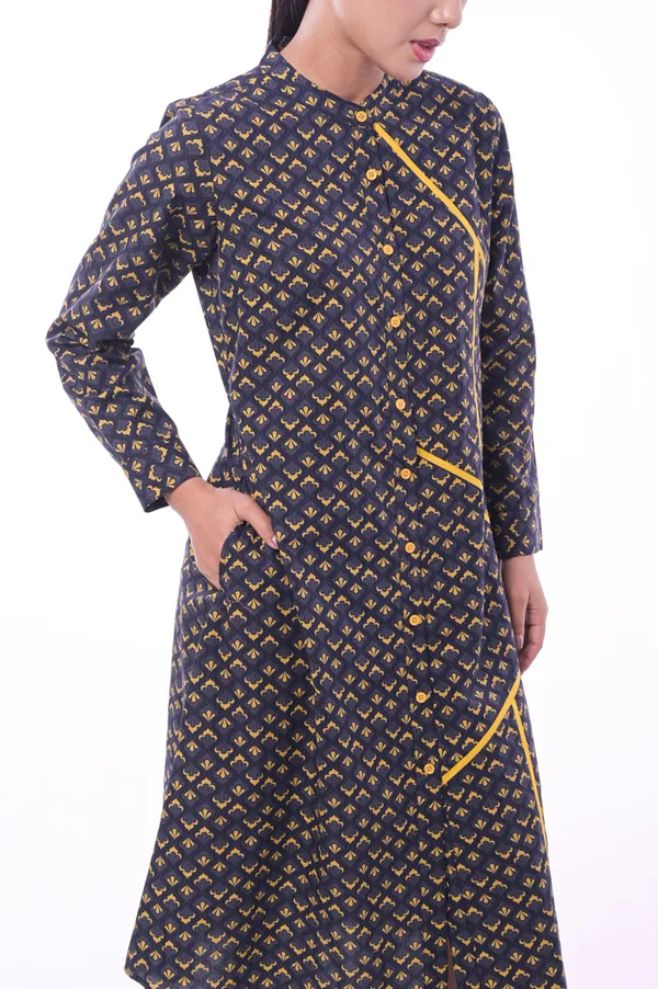 Charcoal_Poplin_Cotton_Coller_Neck_3/4th_Sleeve_Dress_for_Women