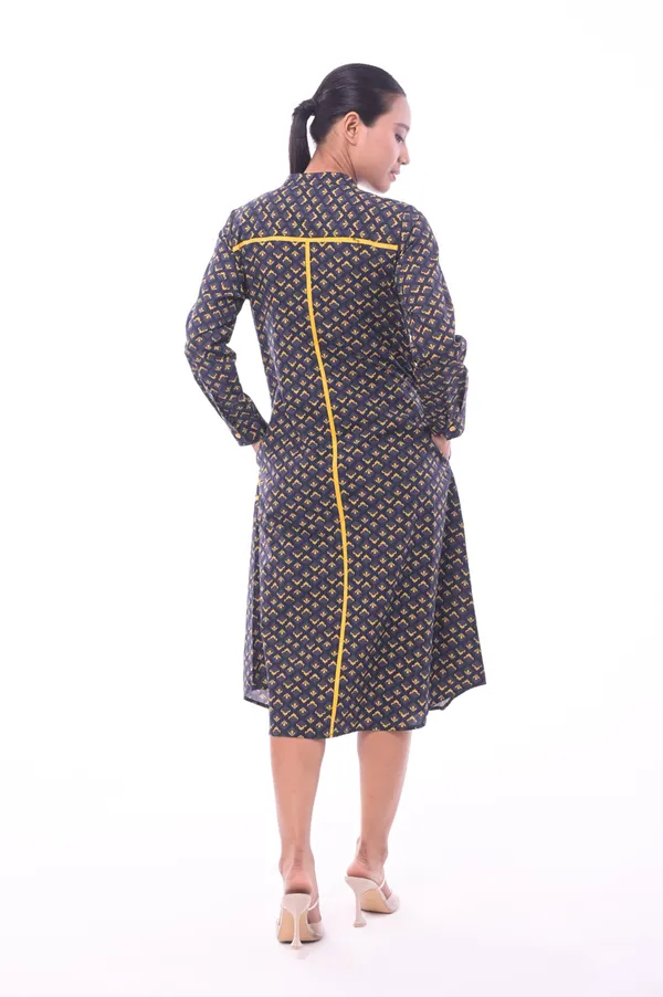 Charcoal_Poplin_Cotton_Coller_Neck_3/4th_Sleeve_Dress_for_Women