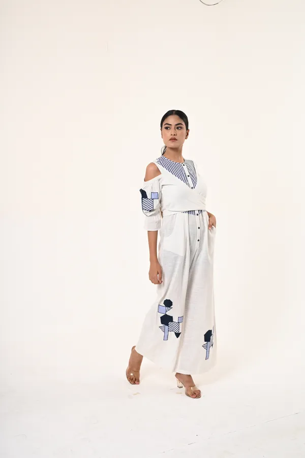 White_Cotton_Round_Neck_3/4th_Sleeve_Jumpsuit_for_Women