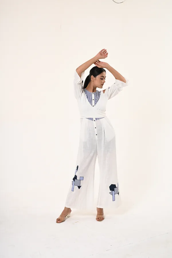 White_Cotton_Round_Neck_3/4th_Sleeve_Jumpsuit_for_Women
