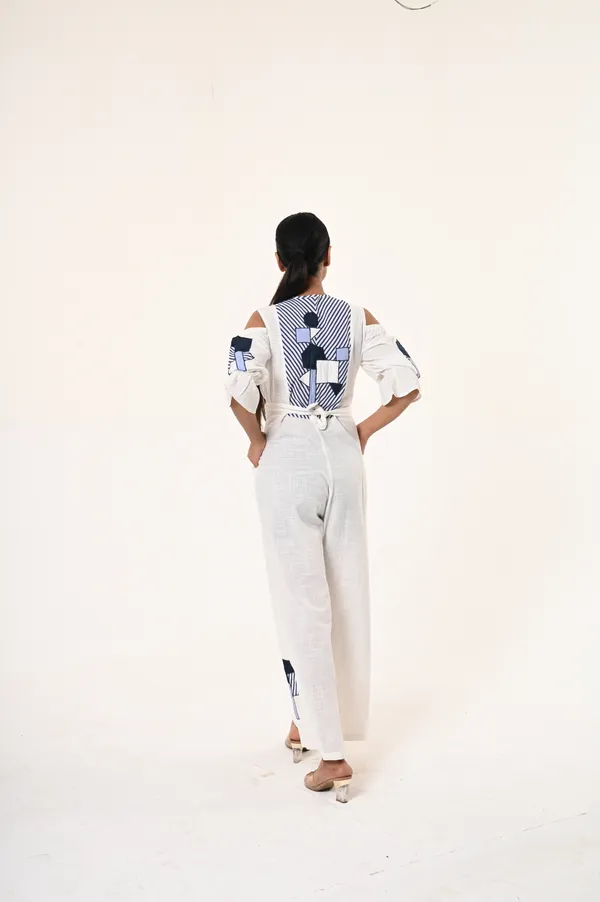 White_Cotton_Round_Neck_3/4th_Sleeve_Jumpsuit_for_Women