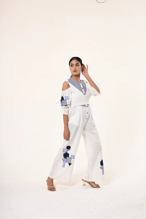 White_Cotton_Round_Neck_3/4th_Sleeve_Jumpsuit_for_Women