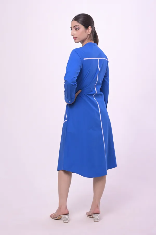 Royal_Blue_Poplin_Cotton_Coller_Neck_3/4th_Sleeve_Dress_for_Women