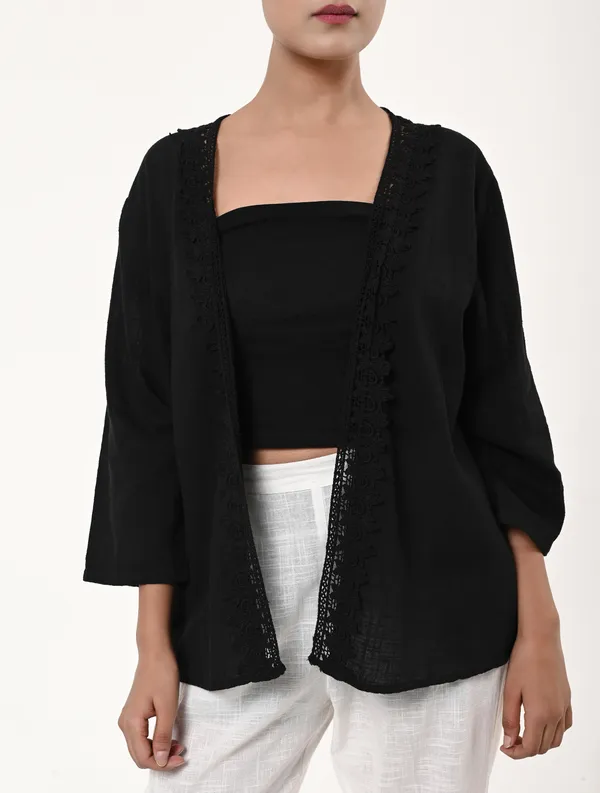 Black_Cotton_3/4th_Sleeve_Shrug_for_Women