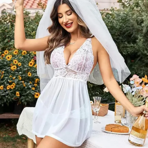 White_Bridal_Lace_&_Sheer_Babydoll_Nightwear_For_Women