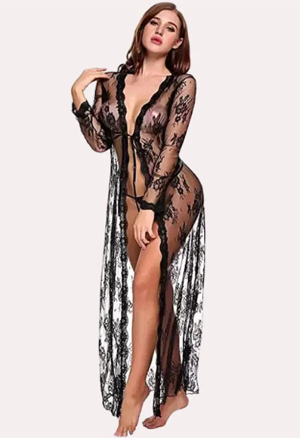 Dark_Black_Floral_Lace-Trimmed_Black_Transparent_Robe_For_Women