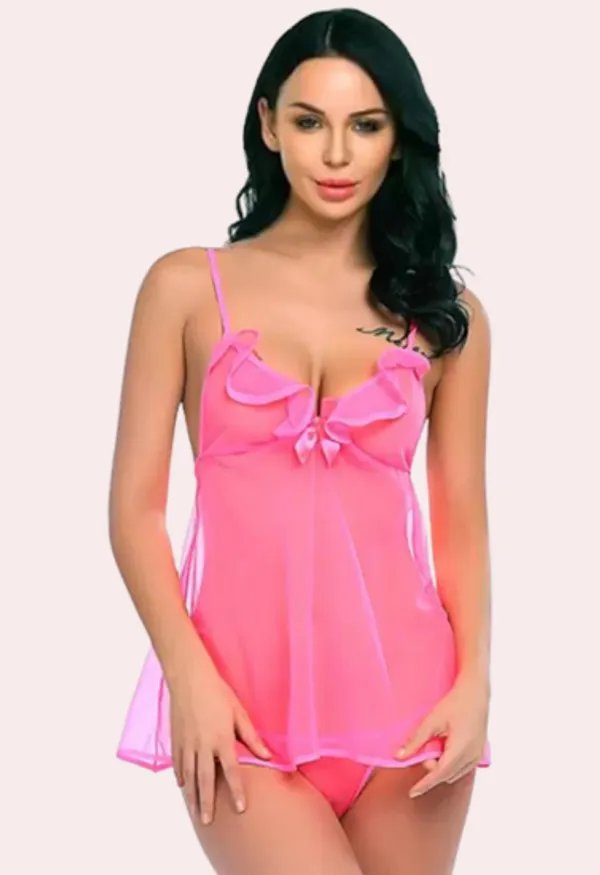 Hot_Pink_Sheer_Lace_Babydoll_With_Matching_G-String_For_Women