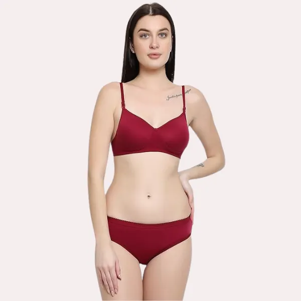 Maroon_Lightly_Padded_Bra_&_Soft_Cotton_Panty_Set_For_Women
