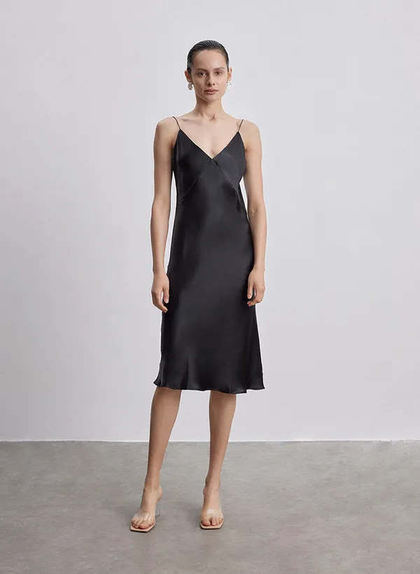 Black_Silk_Slip_V-Neck_Cocktail_Party_Dress_For_Women